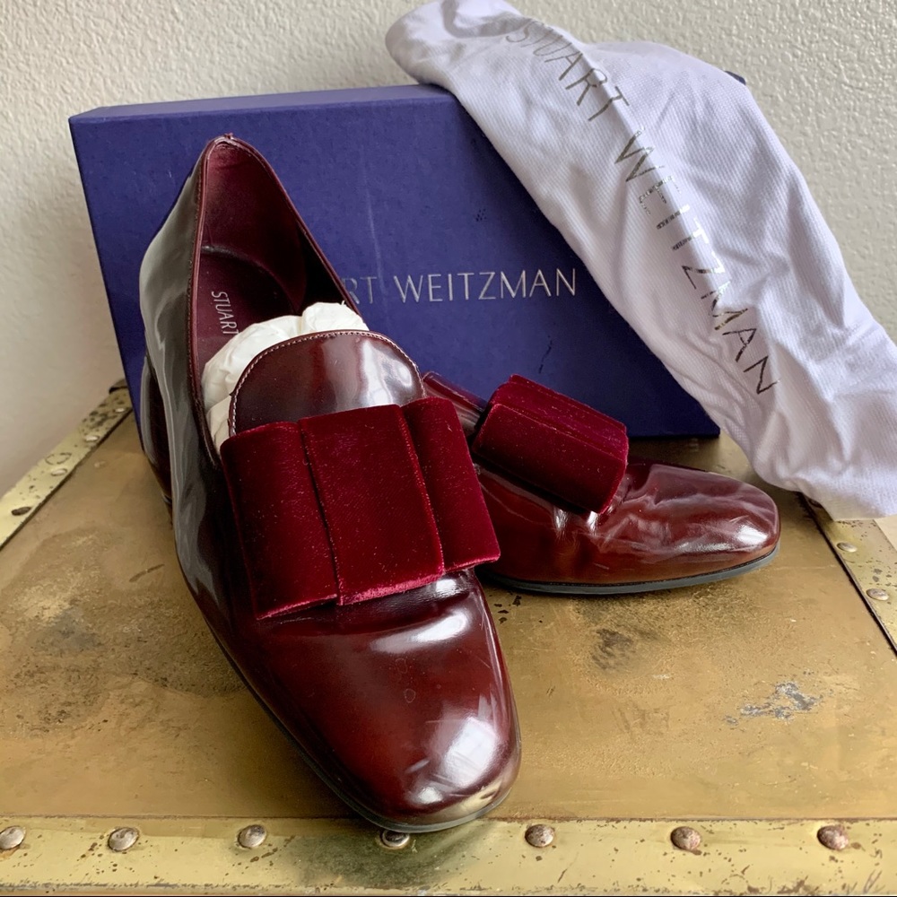 Burgundy Stuart Weitzman velvet bow loafers